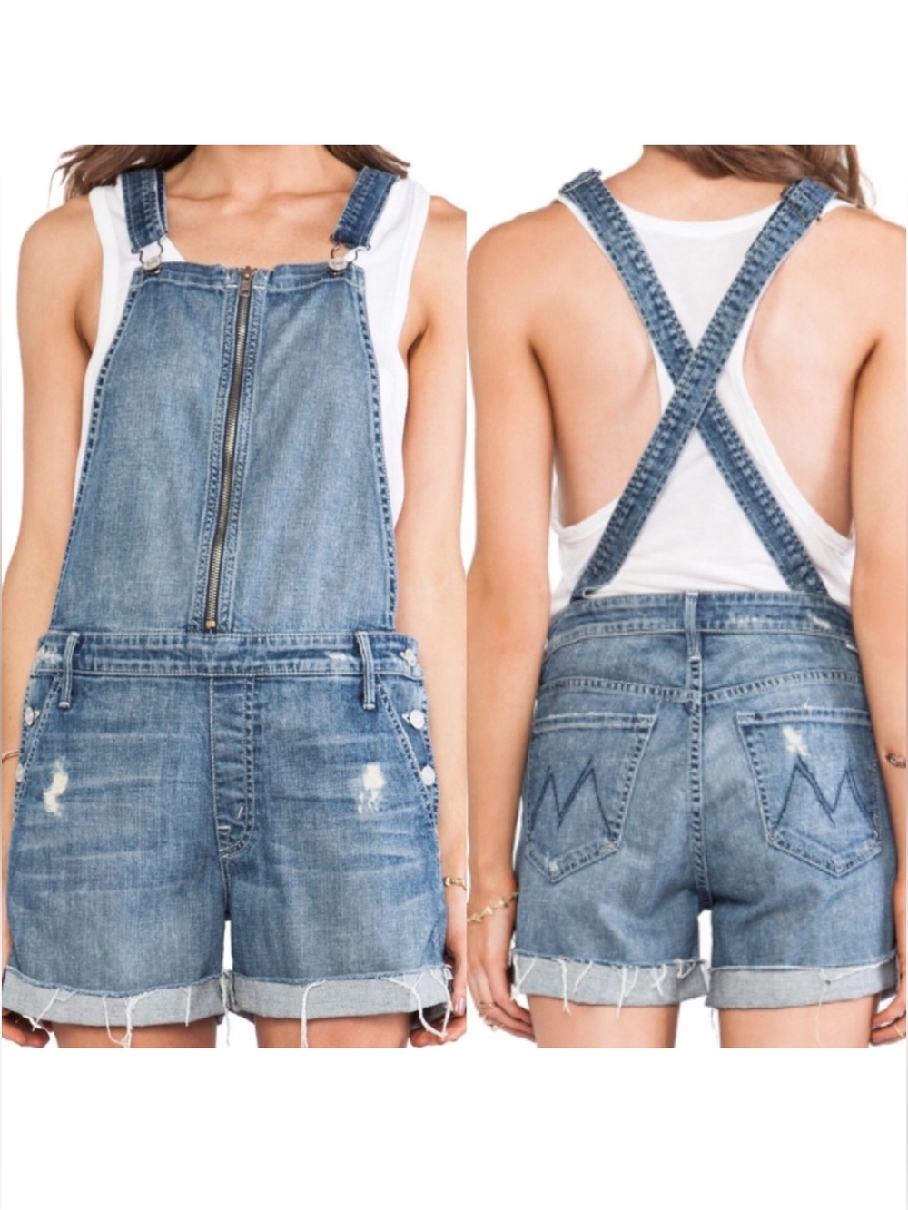 Mother Overall Dropout Shorts Hooked Destroyed Size 27